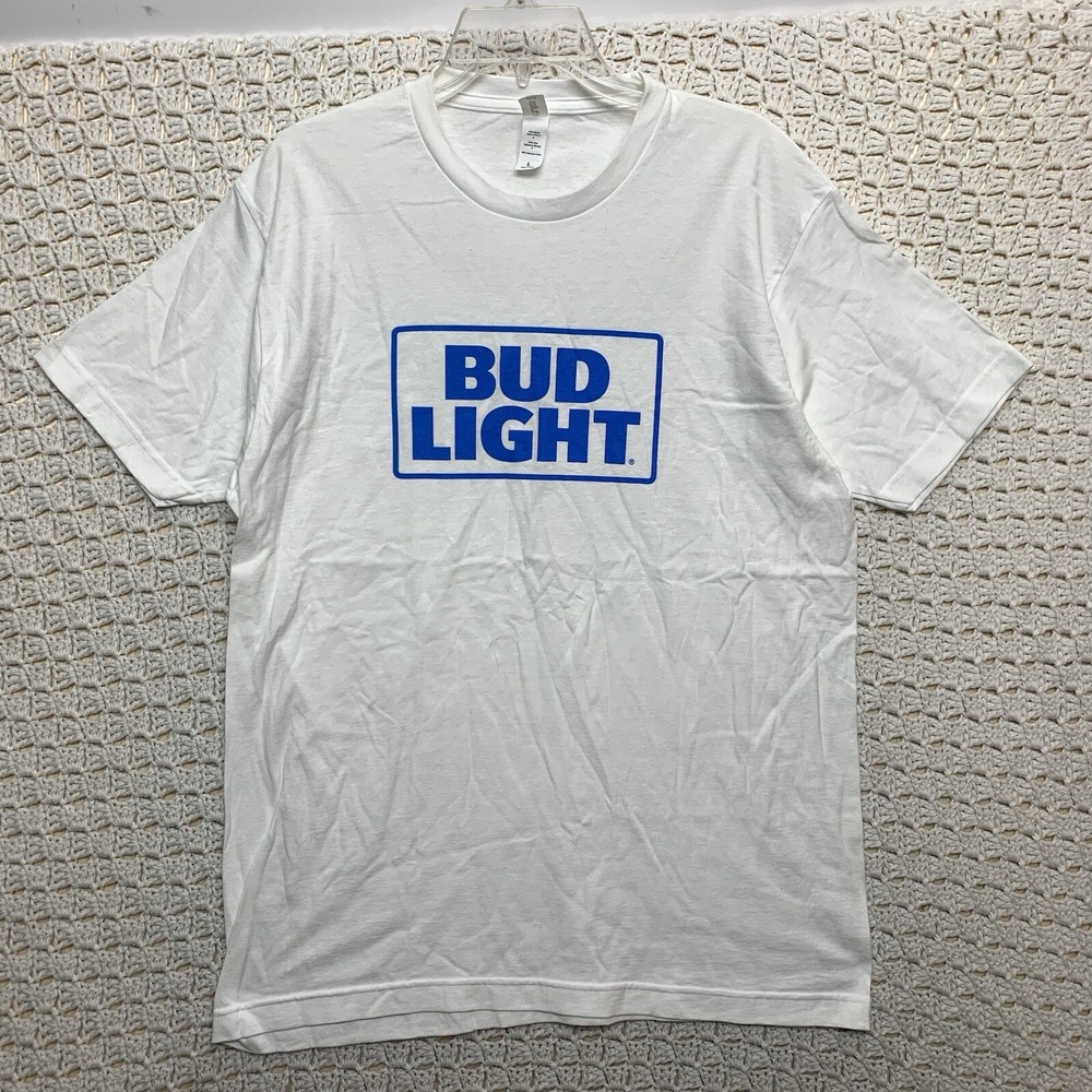 Bud Light T-Shirt Sz L Classic White Blue Lightweight Crew Neck Tultex Tee‎